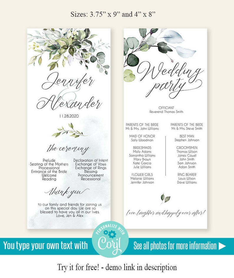 Wedding Program Watercolor Greenery Boho Wedding Printable | Etsy