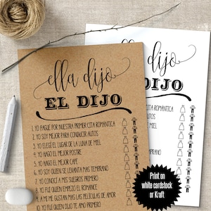 ESPANHOL Ele disse que ela disse jogo, Ella dijo El dijo, Jogos de chá de panela em espanhol, PDF para impressão, G308