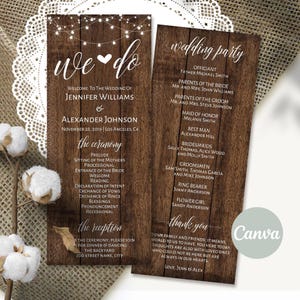 Rustikales Hochzeitsprogramm, druckbare bearbeitbare Vorlage, sofortiger Download, bearbeiten mit Canva, A317