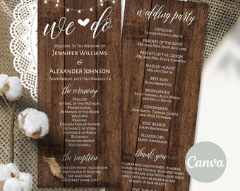Rustikales Hochzeitsprogramm, druckbare bearbeitbare Vorlage, sofortiger Download, bearbeiten mit Canva, A317