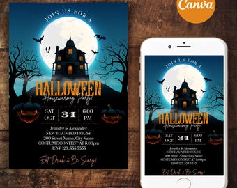 Digital Halloween Housewarming Party Invitation, instant download self-editable Canva template, DA612