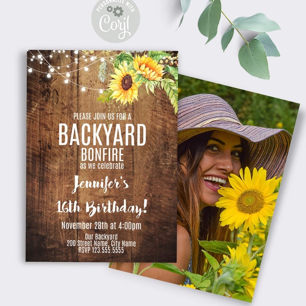 Backyard invitation, rustic wood, lights, sunflowers, Printable Editable Template, Instant Download, Edit with Corjl, A332