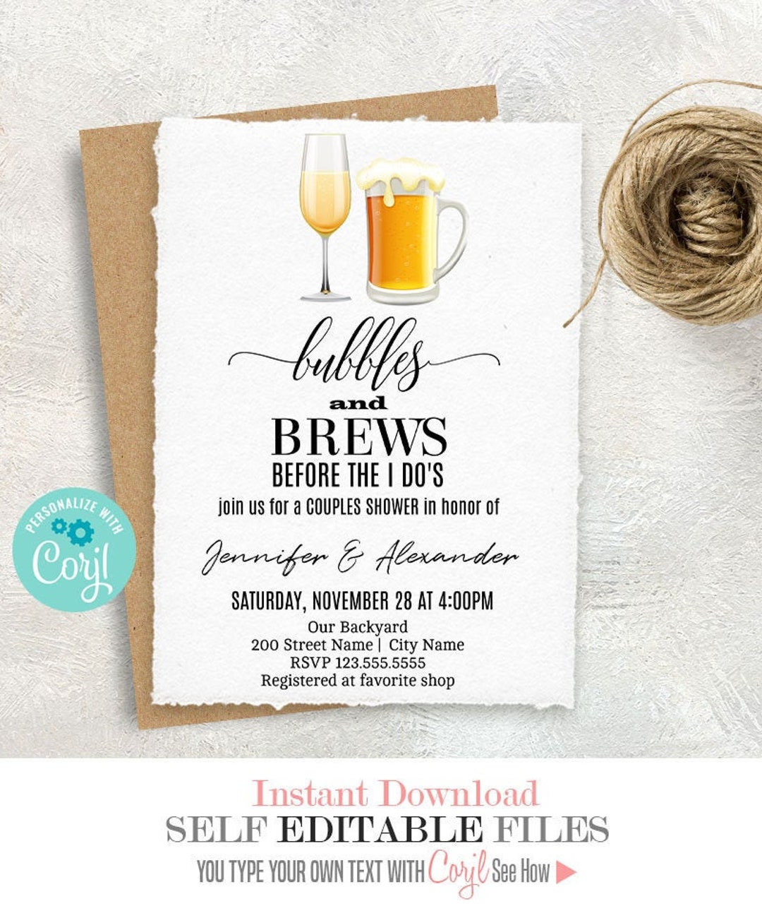 Bubbles and Brews Before the I Do's Invitation, Couples Shower, Wedding