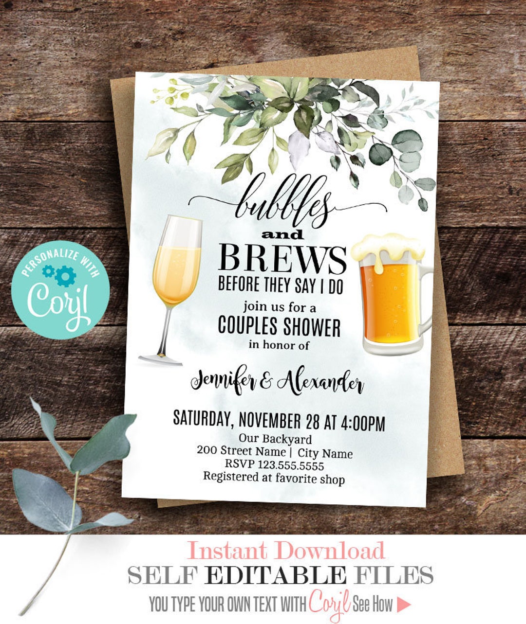 Bubbles and Brews Before They Say I Do Invitation, Watercolor Greenery