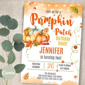 Pumpkin Patch Birthday Party Invitation, Editable Canva Template (Digital Download) A719