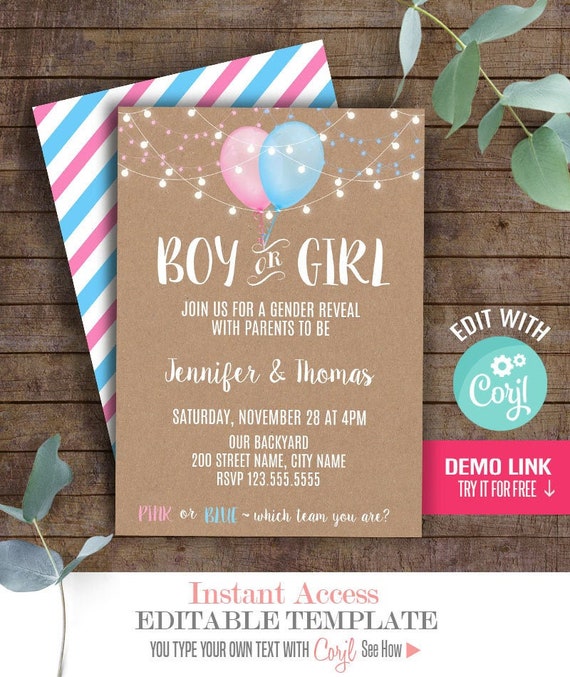 Gender Reveal Invitation Gender Reveal Party Balloons Gender Etsy