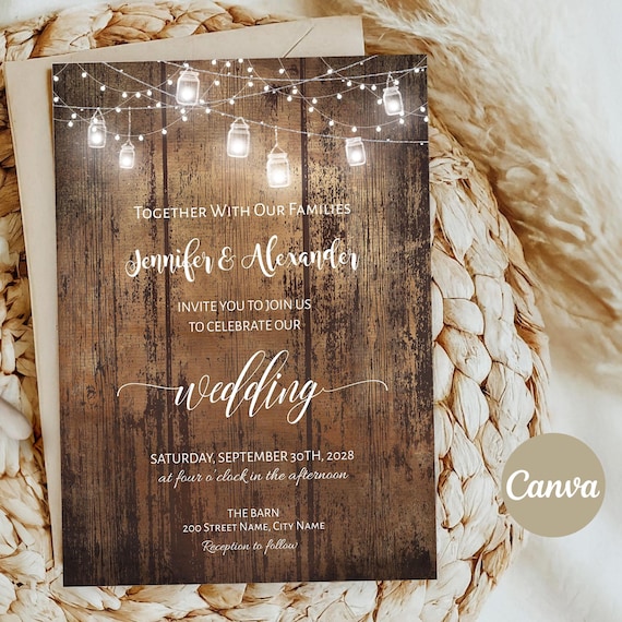 Rustic wedding invitation, rustic wood and mason jar lights, instant download, self-editable template, A241