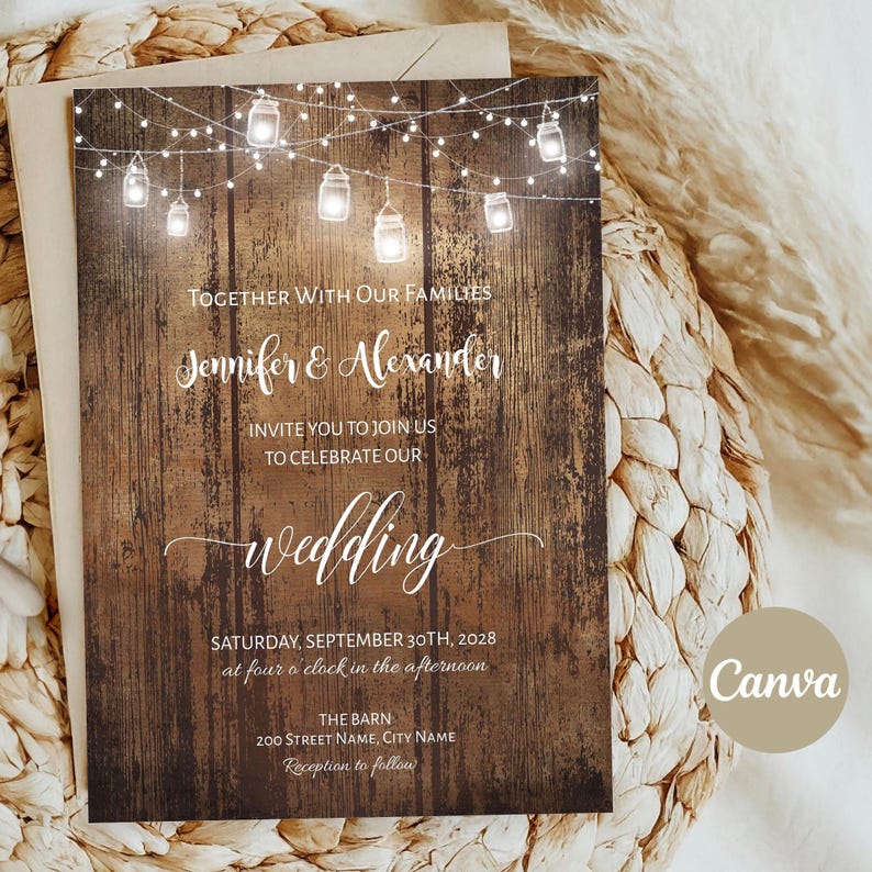 Rustic wedding invitation, rustic wood and mason jar lights, instant download, self-editable template, A241 image 1