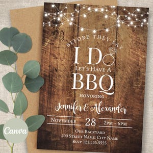 BBQ Engagement Party Invitation, Rustic I Do Ring Barbeque, Wood Lights, Canva Template, A320
