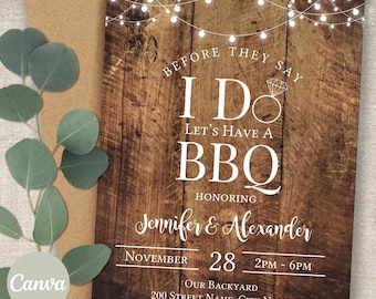 BBQ Engagement Party Invitation, Rustic I Do Ring Barbeque, Wood Lights, Canva Template, A320