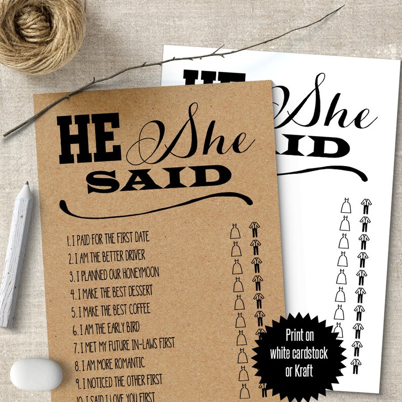 He said she said game Bridal Shower Games Printable PDF | Etsy