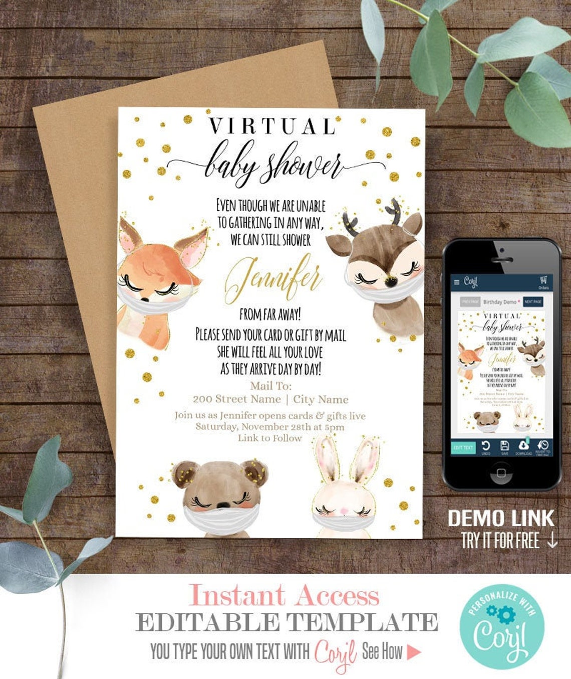 Virtual Baby Shower Invitation Baby Woodland Animals Print Etsy