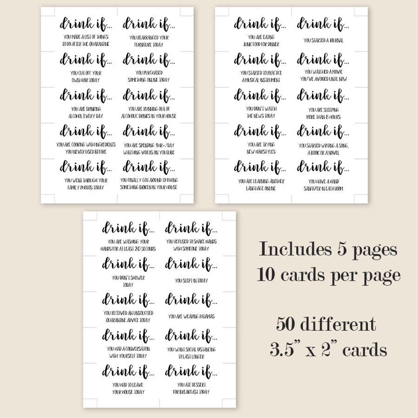 Virtual Drinking Game Online Party Printable 50 Different Etsy