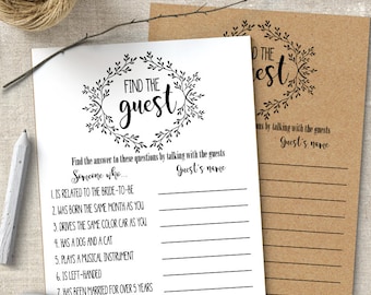 Wedding Games, Find the guest game, bridal shower game, Printable PDF, G106