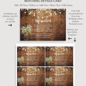 May include: A printable details card template featuring a rustic dark wood background, white string lights, and a mason jar with white flowers. The text reads Information, For your convenience a block of rooms has been reserved at The Red Barn Hotel, 200 Street Name, City Name, 123.555.5555, CODE: 123, and www.yourwebsite.com.