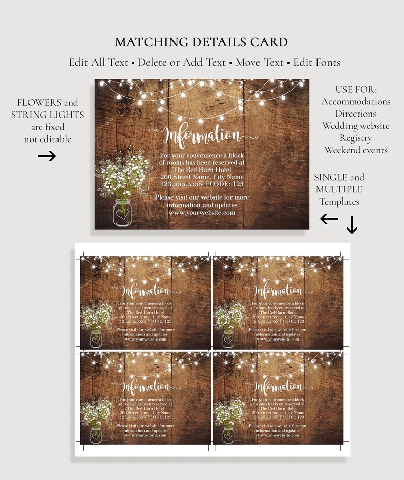 May include: A printable details card template featuring a rustic dark wood background, white string lights, and a mason jar with white flowers. The text reads Information, For your convenience a block of rooms has been reserved at The Red Barn Hotel, 200 Street Name, City Name, 123.555.5555, CODE: 123, and www.yourwebsite.com.
