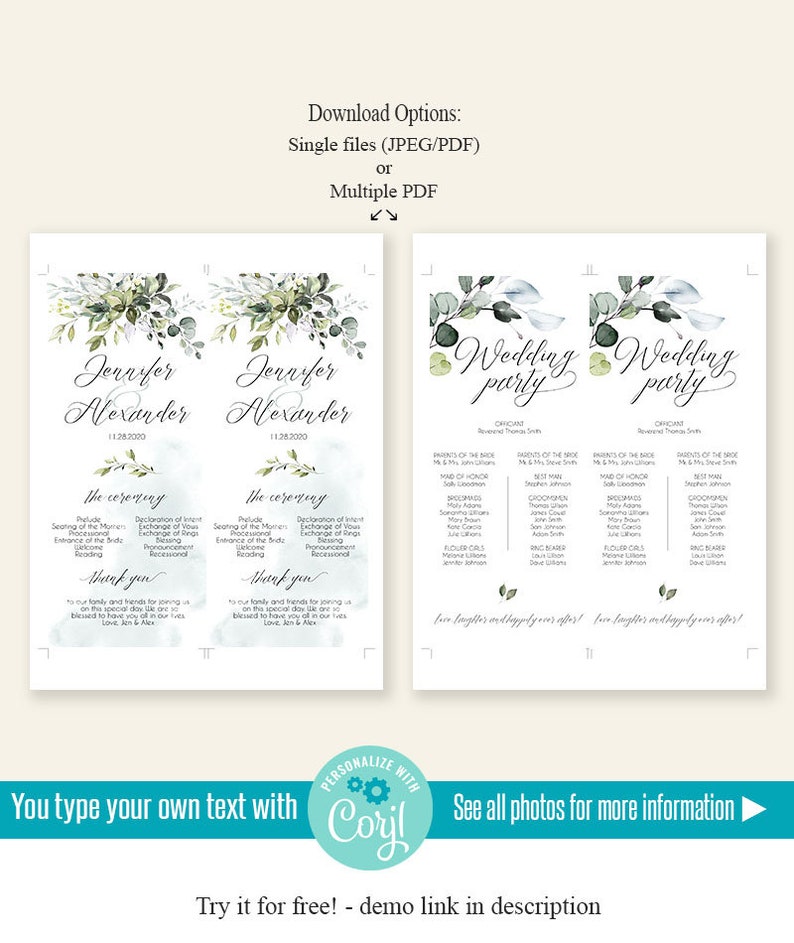 Wedding Program Watercolor Greenery Boho Wedding Printable | Etsy