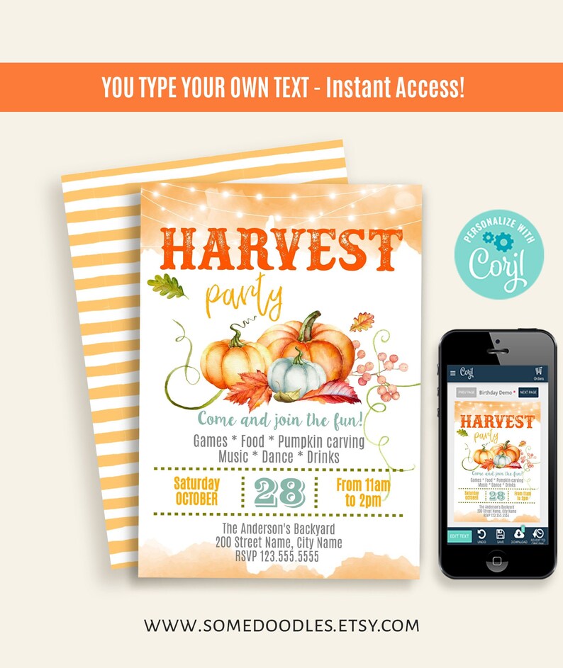 Harvest Party Invitation Selfeditable Template Instant Etsy