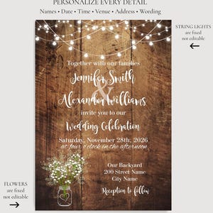 May include: A wedding invitation template featuring a rustic dark brown wood plank background, white string lights at the top, and a mason jar with white flowers at the bottom. The text includes names, date, time, venue, and address details.