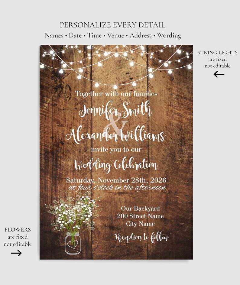 May include: A wedding invitation template featuring a rustic dark brown wood plank background, white string lights at the top, and a mason jar with white flowers at the bottom. The text includes names, date, time, venue, and address details.