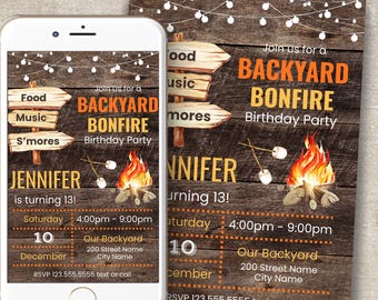 Backyard Bonfire Birthday Invitation, Editable Rustic Party Canva Template, DA622