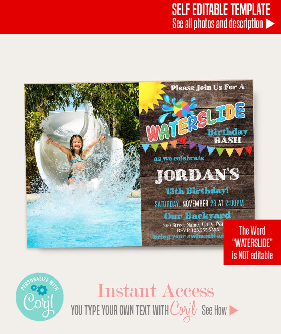 Waterslide Birthday Party Invitation, Printable Editable Template ...