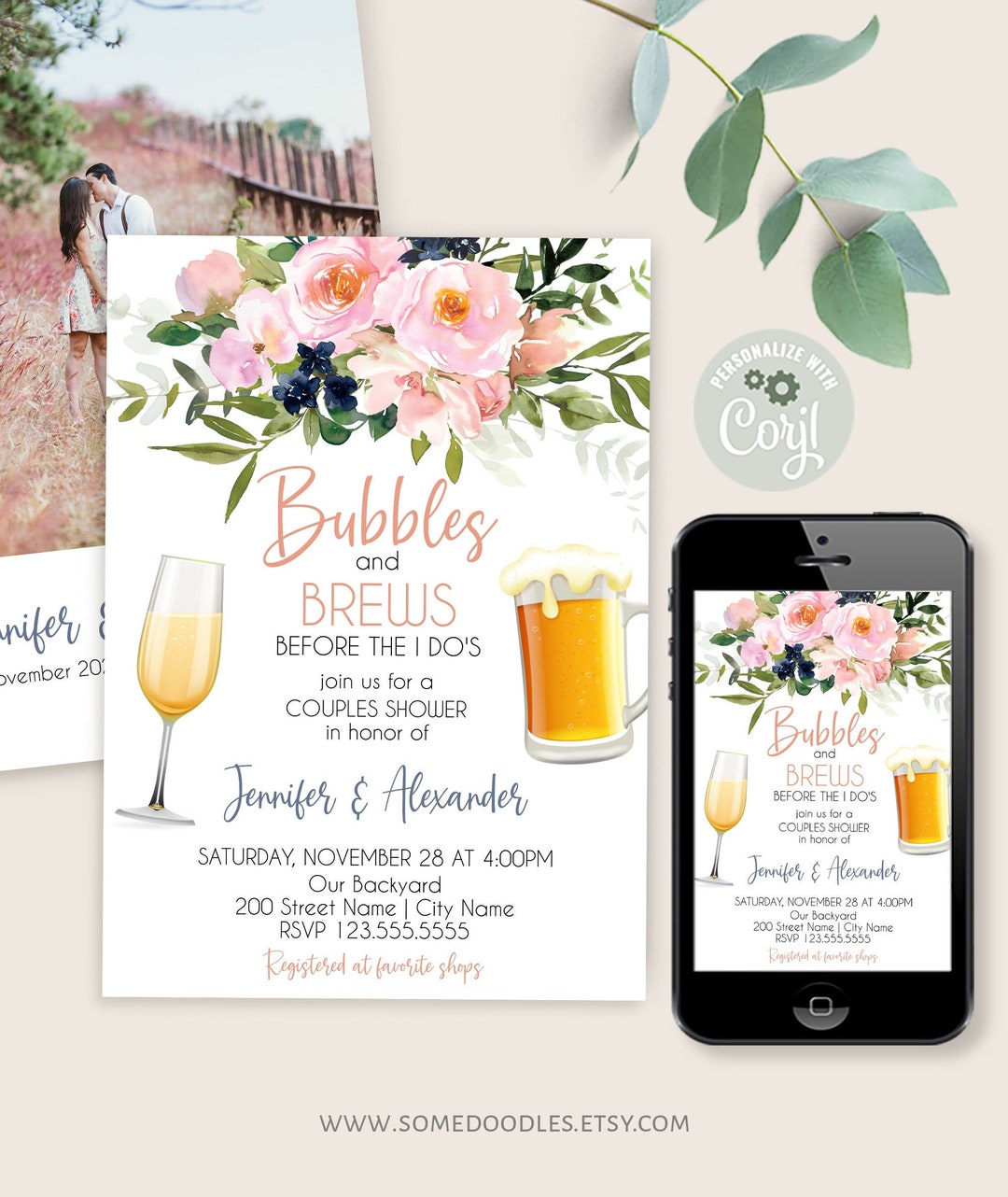 Bubbles and Brews Before the I Do's Invitation, Couples Shower, Blush