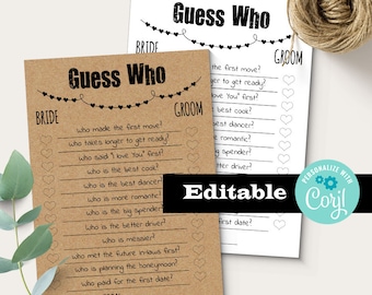 EDITABLE Bridal Shower Games, Guess Who game, Self-editable template with Corjl, G101