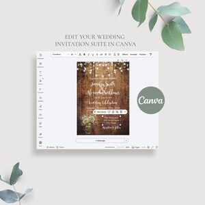 May include: A digital wedding invitation template displayed in the Canva interface, featuring a rustic dark wood background, string lights, and a mason jar with flowers. The text reads: Edit your wedding invitation suite in Canva.