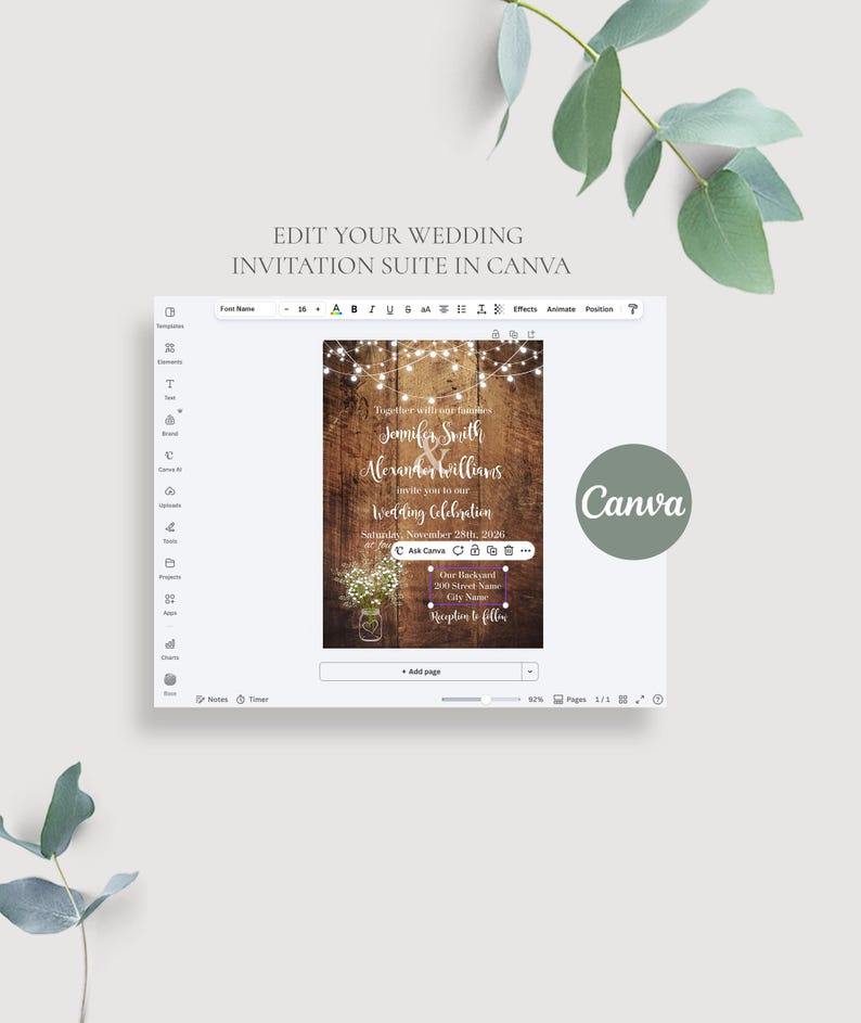 May include: A digital wedding invitation template displayed in the Canva interface, featuring a rustic dark wood background, string lights, and a mason jar with flowers. The text reads: Edit your wedding invitation suite in Canva.