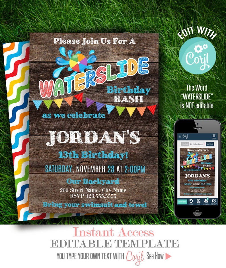 Waterslide birthday party invitation, editable template, printable, Instant download, Edit with Corjl, A280 image 1