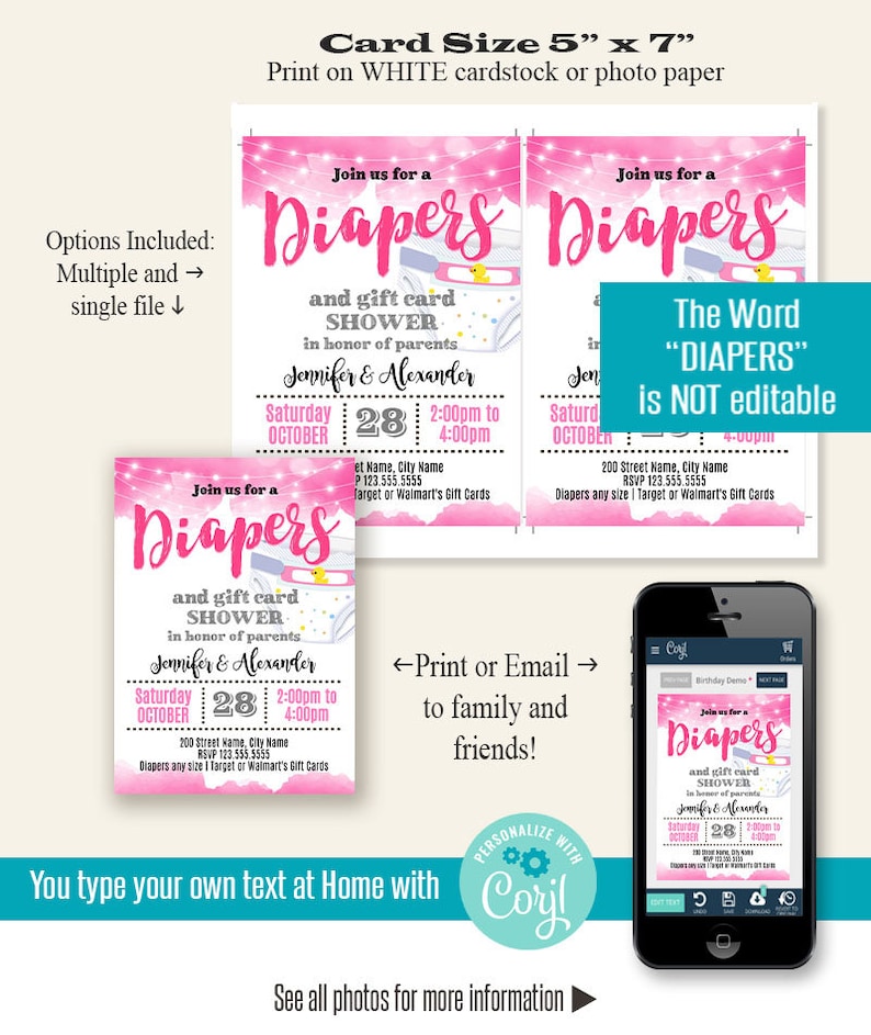 Diapers Party Invitation Printable Editable Template Etsy