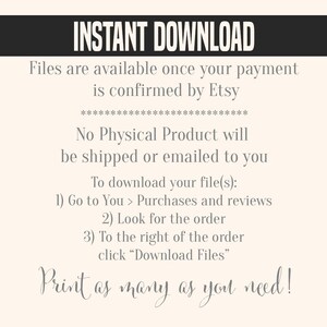 以下が含まれることがあります： 白い背景に「INSTANT DOWNLOAD」というテキストが表示され、Etsy で支払いが確認されるとファイルが利用可能になることが説明されています。また、物理的な商品は発送またはメールで送信されないことも記載されています。Etsy からファイルのダウンロード方法に関する手順が記載されています。