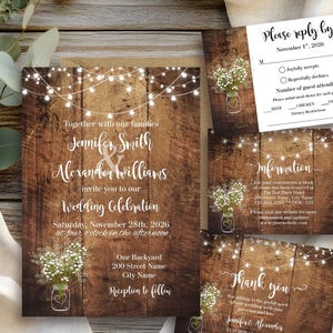 May include: A wedding invitation suite featuring a dark wood plank background with white string lights and baby's breath flowers in a mason jar. The text includes names Jennifer Smith and Alexander Williams, event details, and RSVP information.