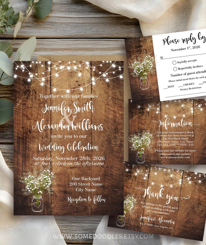 May include: A wedding invitation suite featuring a dark wood plank background with white string lights and baby's breath flowers in a mason jar. The text includes names Jennifer Smith and Alexander Williams, event details, and RSVP information.