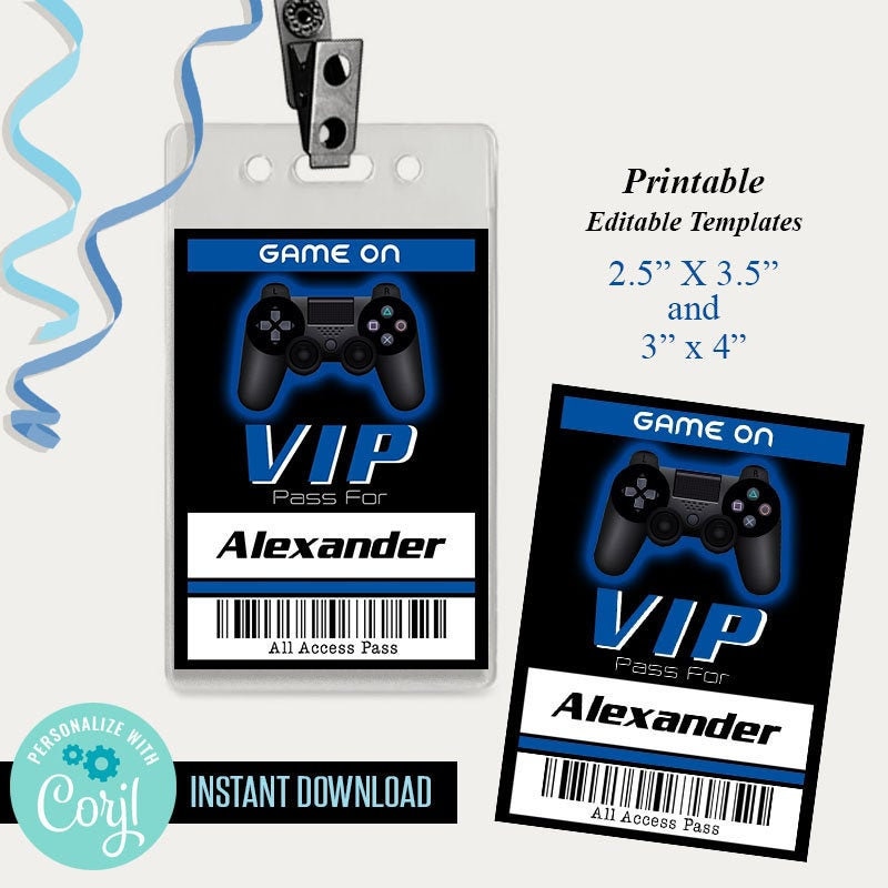 VIP Video Game pass, game on birthday party blue VIP pass, Editable template, printable, Instant download, Edit with Corjl, A633