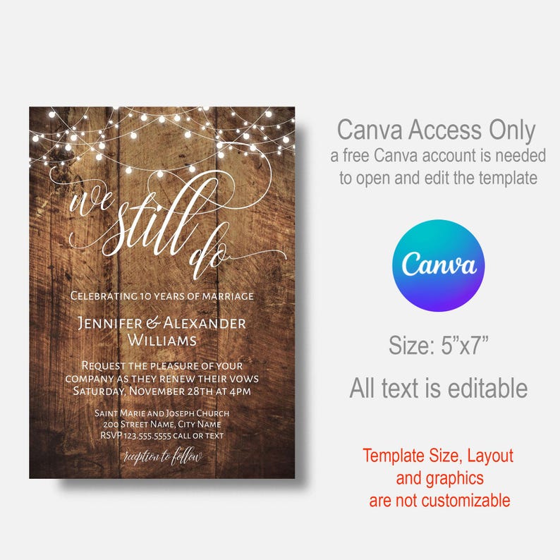 Rustic Vow Renewal invitation Wedding anniversary invite printable editable template Edit with Canva DA399 image 3