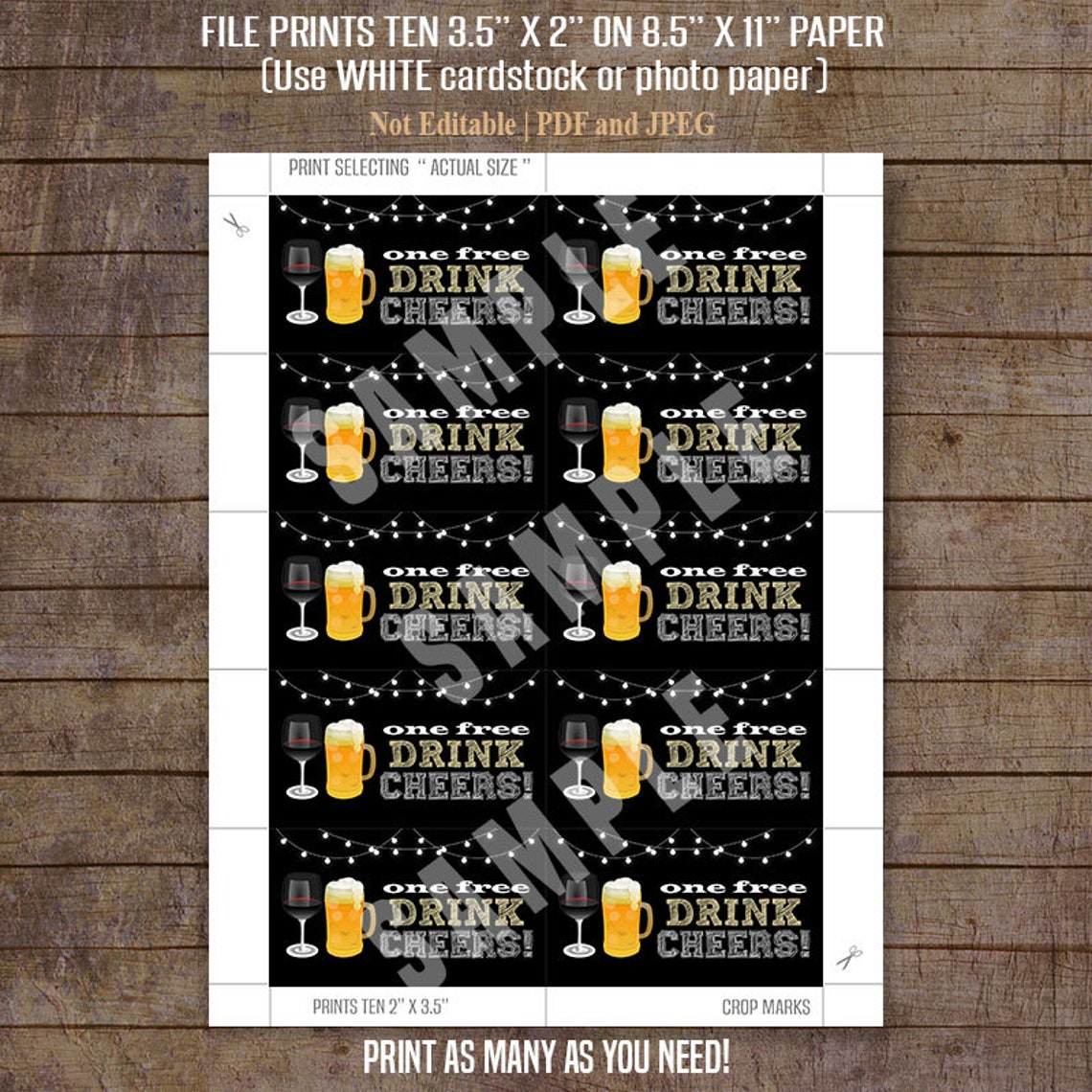 Printable One Free Drink Cheers Tickets Free Bar Party - Etsy