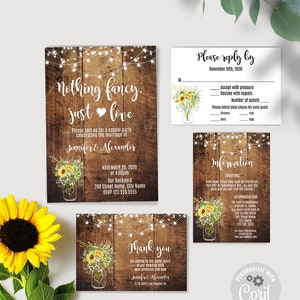 Invitation de réception de mariage rustique tournesol et cartes de clôture, modèles auto-éditables, Suite A333