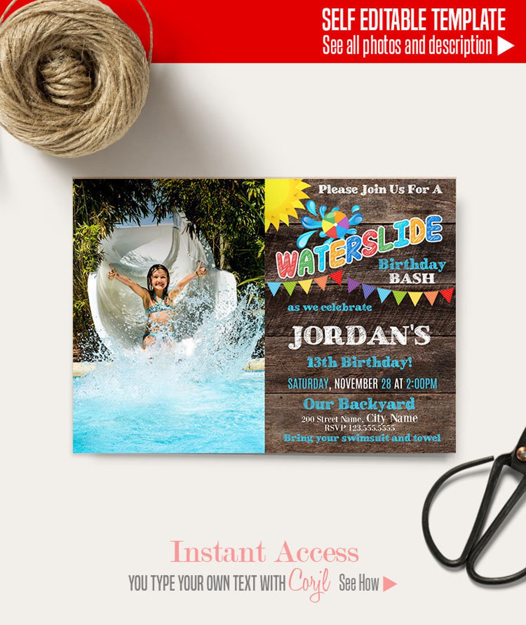 Waterslide Birthday Party Invitation Printable Editable - Etsy