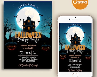 May include: A digital Halloween birthday party invitation displayed on a smartphone and as a separate print, featuring a haunted house silhouette against a full moon, orange text reading HALLOWEEN BIRTHDAY PARTY, and details for Jennifer Anderson.