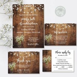 Wedding invitation and enclosures, wood background, lights and mason jar with babys breath flowers, Edit with Corjl, A300