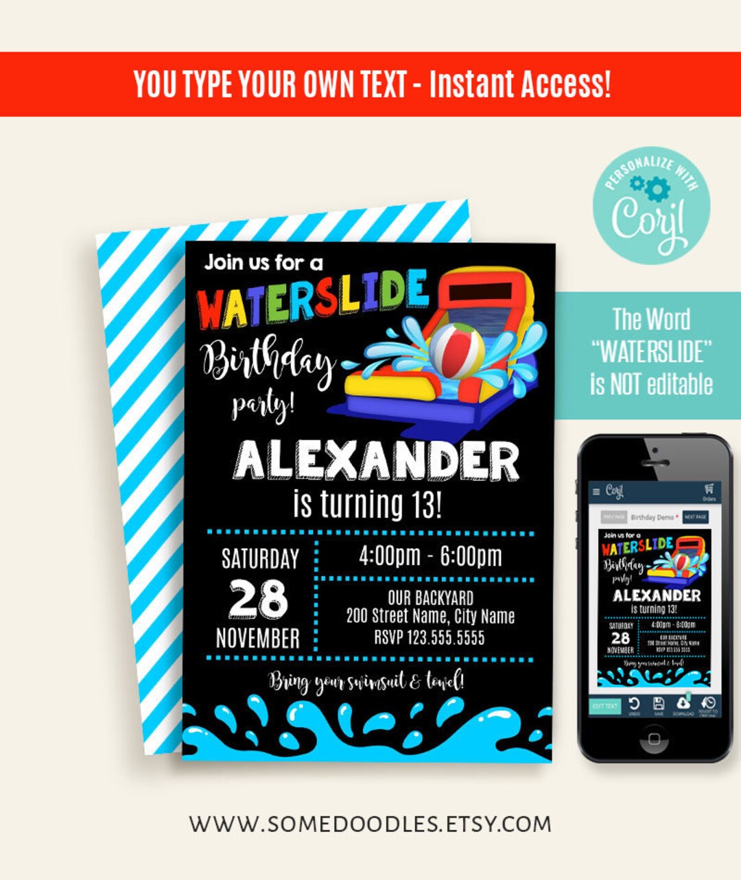 Waterslide Birthday Party Invitation, Instant Download Printable Self ...