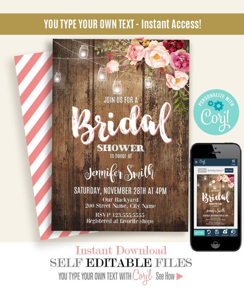 Floral Rustic Bridal Shower Invitation Printable - Etsy
