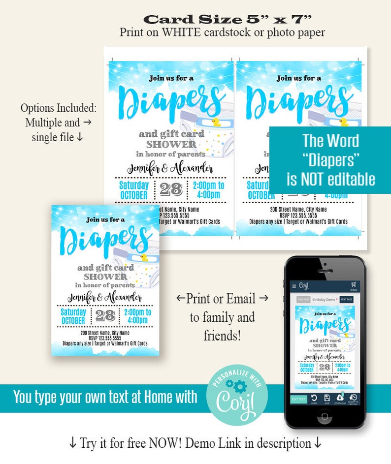 Diapers Party Invitation Printable Editable Template - Etsy