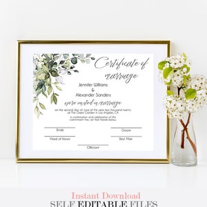Greenery Hochzeitsurkunde, druckbare Sofort-Download, bearbeitbare Vorlage, Bearbeiten mit Corjl, A023