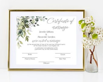 Greenery Wedding certificate, printable instant download, editable template, Edit with Corjl, A023