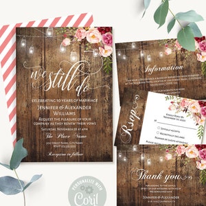 We Still Do Rustic Wedding Invitation and Enclosures, Anniversary Self-editable Templates, Edit with Corjl, Suite A224