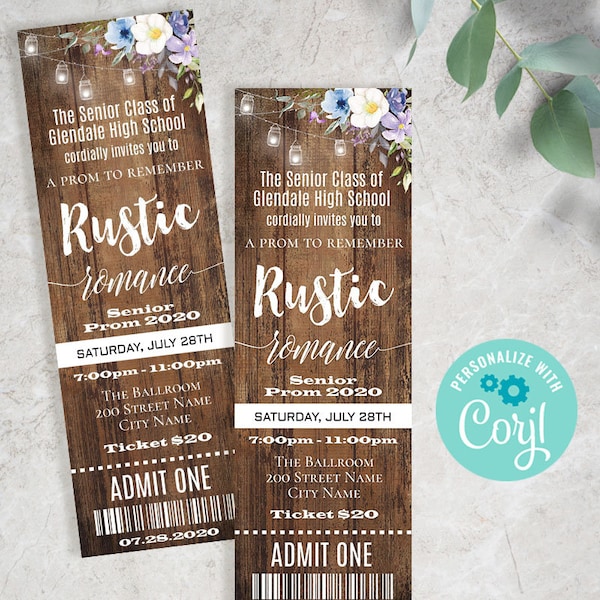 Floral Rustic Prom ticket invitation, Self-editable template, Instant download, Edit with Corjl, A902