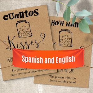Combien de baisers sont dans le pot, espagnol et anglais, jeux de douche nuptiale, jeu imprimable de douche de mariage, format PDF, G209